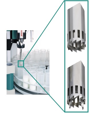 The high-frequency homogenizer aggregate with the protruding blade (154mm) is used for sample particles larger than the diameter of the aggregate (12mm). The Polytron homogenizer is made by Kinematica AG, Switzerland.