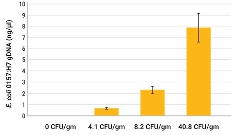 Comparison of total DNA and E. coli 0157:H7 DNA extracted from cilantro samples spiked with the indicated amounts of E. coli 0157:H7 bacteria. The concentration of E. coli 0157:H7 DNA was assessed by qPCR with specific primers.