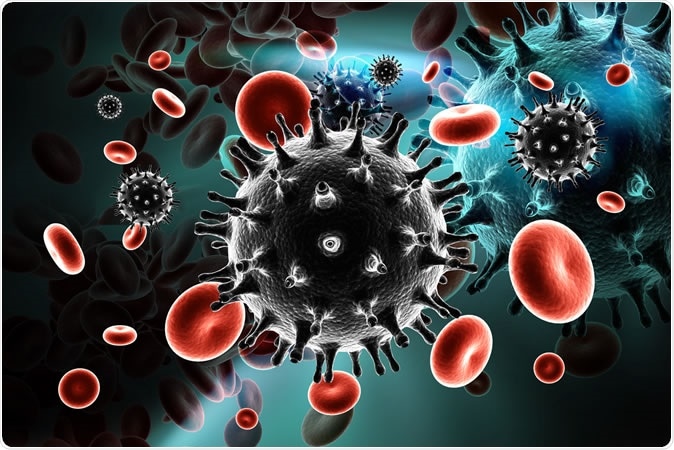 Digital illustration of HIV Virus in Blood Stream. Image Credit: RAJ CREATIONZS / Shutterstock