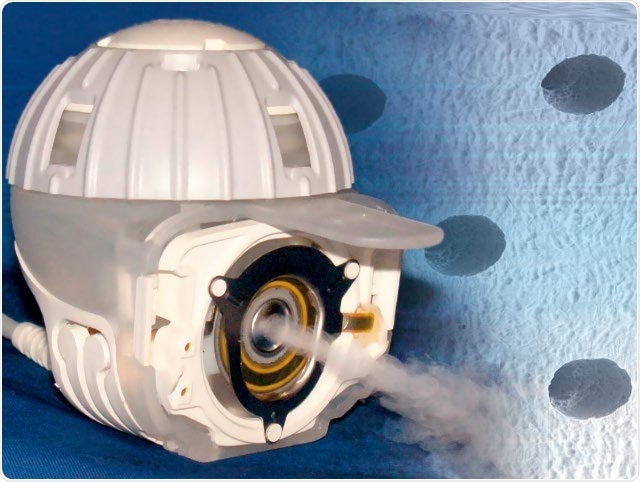 Nebulizer with medication reservoir and medication cap as well as a magnified view of the nebulizer membrane showing micro-machined perforations.