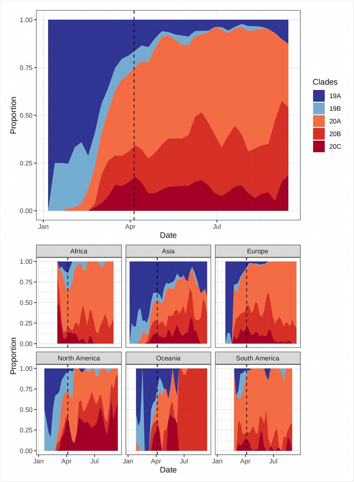 Proportions of each clade globally (top) and by region (bottom). Clade 19 (blues) diminished over time, while clade 20 (reds) increased during that same period. Among the type 20 clades, 20A and 20B have increased to similar proportions globally while 20C had more moderate proportional growth. However, clade 20C has increased most dramatically in South and North America, two regions where COVID-19 has subsequently grown quickly. The dashed line represents the last date used for fitting the models.