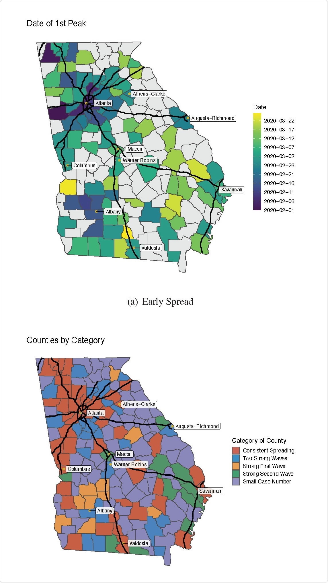 Spatial patterns of transmission of COVID-19. (a) date of reaching the peak (local maximum of Rt) for the first wave. (b) spatial distribution of the five categories of transmission patterns of COVID-19 in Georgia by June 15, 2020. The black lines represent the interstate highways.