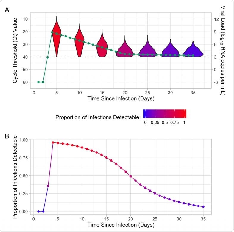(A) Mean cycle threshold (Ct) value, mean viral load, and distribution of Ct values for detectable infections by time since infection. (B) Proportion of infections that are detectable by time since infection for the population-level Ct distribution. The proportion of infections that are detectable is indicated by the color of the violin plot and the proportion detectable line. The dashed line indicates the limit of detection (Ct value of 40 or viral load of 3).