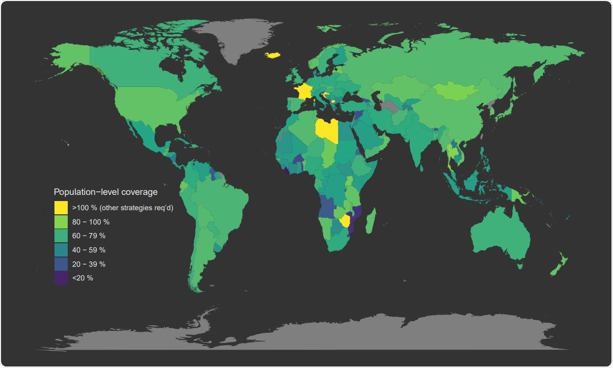 Global target vaccination coverage under uniform vaccination policy. Map of the minimum target vaccination coverage required to achieve herd immunity under uniform vaccine allocation programs. Countries coloured bright yellow are incapable of achieving herd immunity through vaccination alone (i.e., their minimum coverage thresholds exceed 100%).