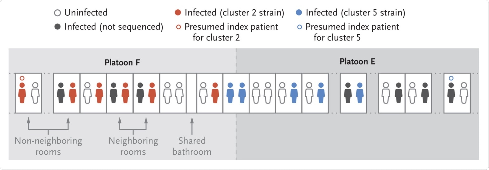 Local Transmission of SARS-CoV-2 during Quarantine. Participants who were associated with the two largest transmission clusters (clusters 2 and 5) were identified by means of sequencing and were either roommates or members of the same platoons, which indicates that double-occupancy rooming and shared platoon membership were important contributors to transmission. Other infected members of these platoons whose samples were not sequenced may have been infected with the same cluster strains. One recruit in each platoon was found to be infected at the beginning of quarantine and represents the potential source of each cluster strain.