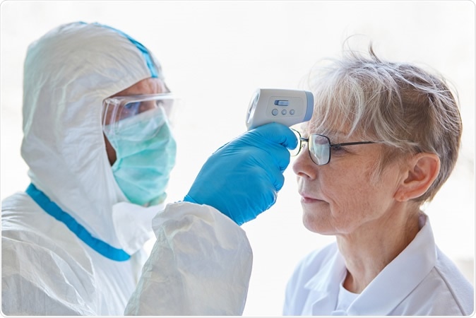 Measuring forehead by infrared for COVID-19. Image Credit: Robert Kneschke / Shutterstock