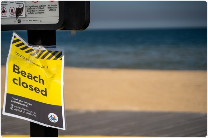St Kilda, Victoria / Australia - April 1st 2020: Signs notifying citizens of beach closures due to Coronavirus pandemic with an empty beach in the background. Image Credit: CEA Productions / Shutterstock