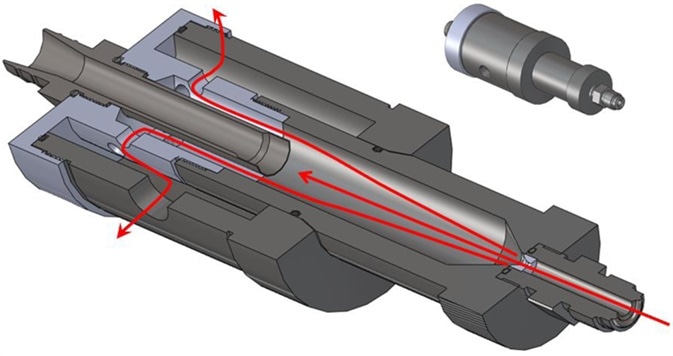 The MET ONE High Pressure Diffuser or HPD in cross section indicating the flow path to the Isokinetic sampling inlet and the exhaust.
