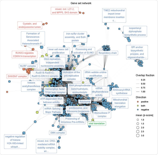 Network of gene sets. Nodes represent significantly enriched gene sets. The size of each gene set is proportional to its mean absolute z-score. Gene sets are colored by the direction in which they score. Edges represent significant overlap between gene sets. The transparency of each edge is proportional to the fraction of genes shared by two gene sets. Gene sets were clustered using the infomap algorithm and the most central set by PageRank is labelled for each cluster. The Fruchterman–Reingold algorithm was used to lay out the network.