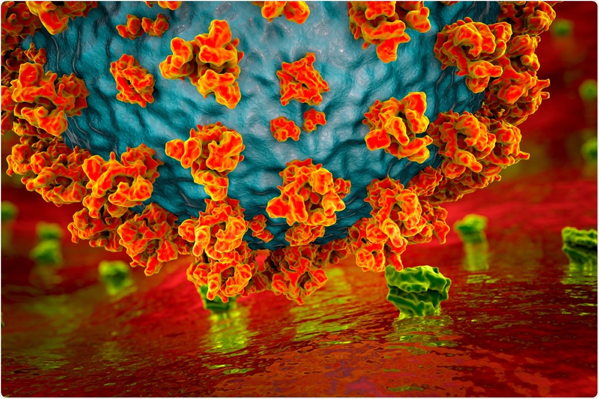 SARS-CoV-2 virus binding to ACE2 receptors on a human cell, the initial stage of COVID-19 infection. Image Credit: Kateryna Kon / Shutterstock