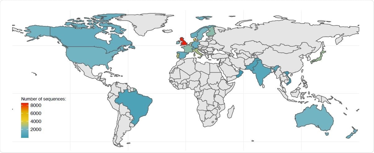 Map of the B.1.1.7 genomic sequences available on GISAID as of January 7, 2020. Countries are colored based on the number of publicly available B.1.1.7 sequences.
