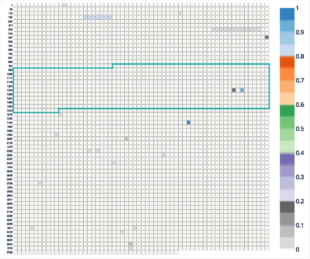 Allele frequency plot of the Danish mink sequences with framed receptor binding domain (RBD). Each block represents a nucleotide in the MSA of spike gene sequences. Coordinates on the left are related to the MSA position. The plot shows frequencies > 0:8 for nucleotide positions corresponding to codons 68–70, 453 and 614.