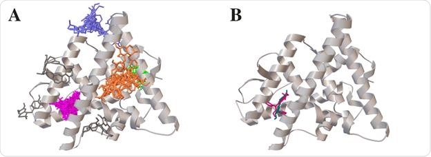 Plot for virtual docking sites of 61 Cipa constituents (four clusters, pink, green, orange and blue) and binding site of tamoxifen (pink) and 17 beta estradiol (blue) on estrogen receptor alpha.