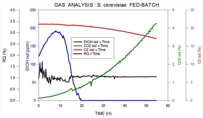 Off-gas and RQ data generated by MS from S. cerevisiae fed-batch fermentation.