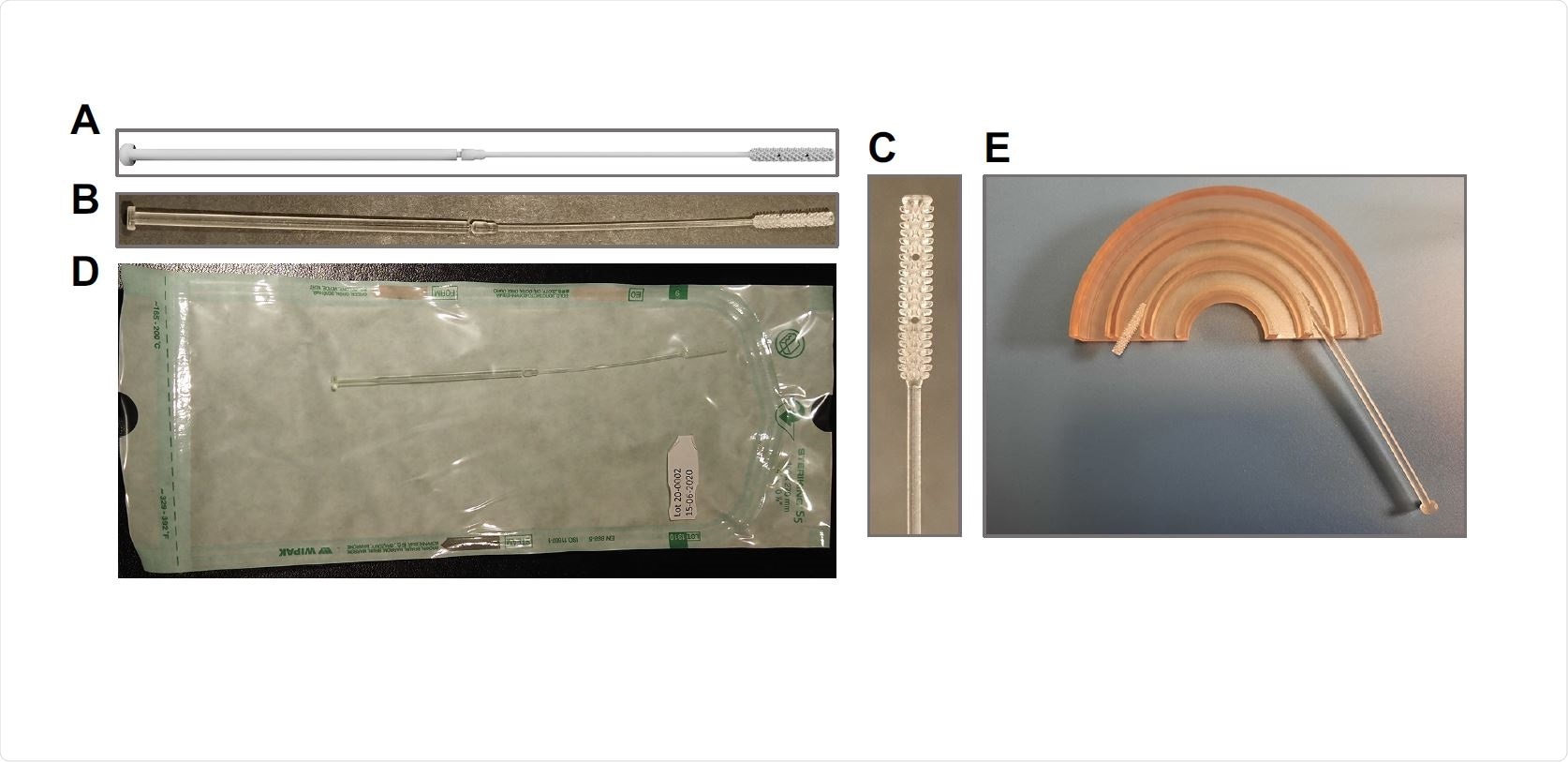In-house 3D printed swab model. Design of the Northwell 3D swab model with the addition of a breakout point (A) used to 3D-print swab in our hospital (B and C). Swabs were individually packed in autoclavable and vacuum-sealed poches (D) for sterilization. (E) Flexibility was mechanically tested using semicircular canals (radius of 15, 25 and 35 mm).