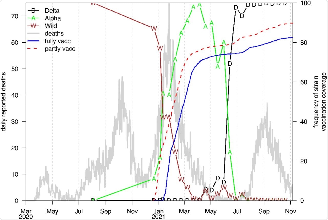Daily reported COVID-19 deaths (grey) over the pandemic period. Colored symbols show the frequency of individual strains (as a percentage) of all strains sequenced (mostly biweekly) in Israel.