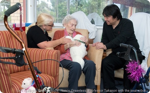 Professor Takanori is in Australia from Japan to meet with Professor Wendy Moyle to talk about the robots for dementia. At Sinnamon Park Retirement Village.