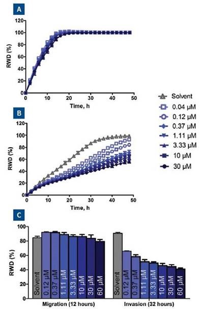 HT-1080 cells were plated at 2 x 104 cells per well on 300μg/ml collagen 1 coated plates