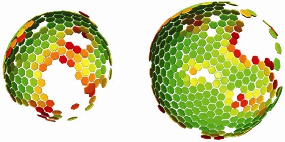 Lattice maps for immature HIV particles. The 3D computer reconstruction shows the immature Gag lattice of HIV that matures to form the protein shell of the infecious virus. Maps are shown in perspective such that hexamers on the rear surface of the particle appear smaller. The side of the particle toward the viewer lacks ordered Gag. (John Briggs/EMBL)