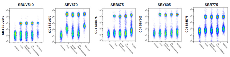 Stability of StarBright Dye conjugated antibodies after fixation. Red cell lysed human peripheral blood was stained with Mouse Anti-Human CD4 (MCA1267SBUV510, MCA1267SBV670, MCA1267SBB675, MCA1267SBY605 or MCA1267SBR775) and acquired on a 5 laser ZE5 Cell Analyzer before and after fixation in Bio-Rad Fixation buffer (BUF071), 2 % PFA or 70 % EtOH