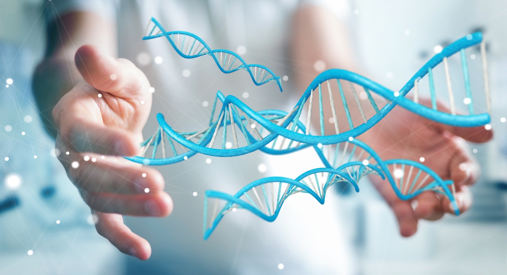 Businessman on blurred background using modern DNA structure 3D rendering.