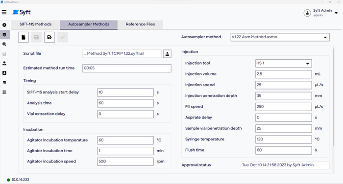 Clockwise from top left: the Method Editor from the LabSyft software suite, the SIFT-MS Methods tab in SyftAuditTracer, and the Autosampler Methods tab in SyftAuditTracer