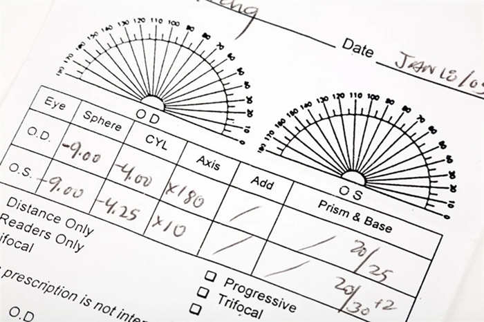 A typical vision prescription with a range of +6/-6 diopters for each measurement, out to 2 decimal places