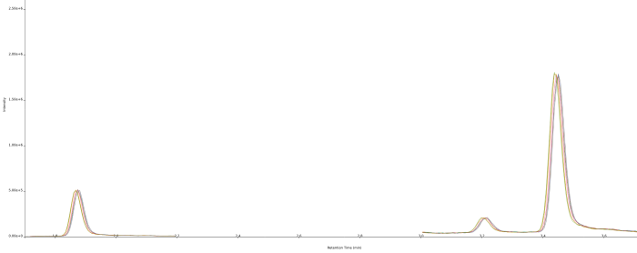 Overlaid chromatograms (n=8) showing the intra-day repeatability data for atropine and scopolamine in peppermint infusion at 0.2 ng/mL. Retention time is 1.85 min for scopolamine and 3.43 min for atropine
