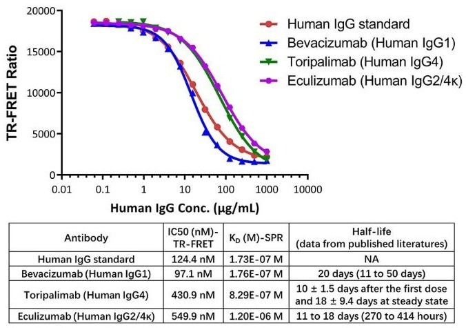 Graph showing TR-FRET Ratio against Human IgG concentration / ug/mL with a table demonstrating the half lives.