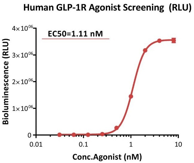 Bioactivity analysis of human GLP-1R agonist (RLU).</i><i> This reporter cell was incubated with serial dilutions of Tirzepatide (a dual GLP-1R and GIPR agonist). The EC50 of Tirzepatide was approximately 1.11 nM