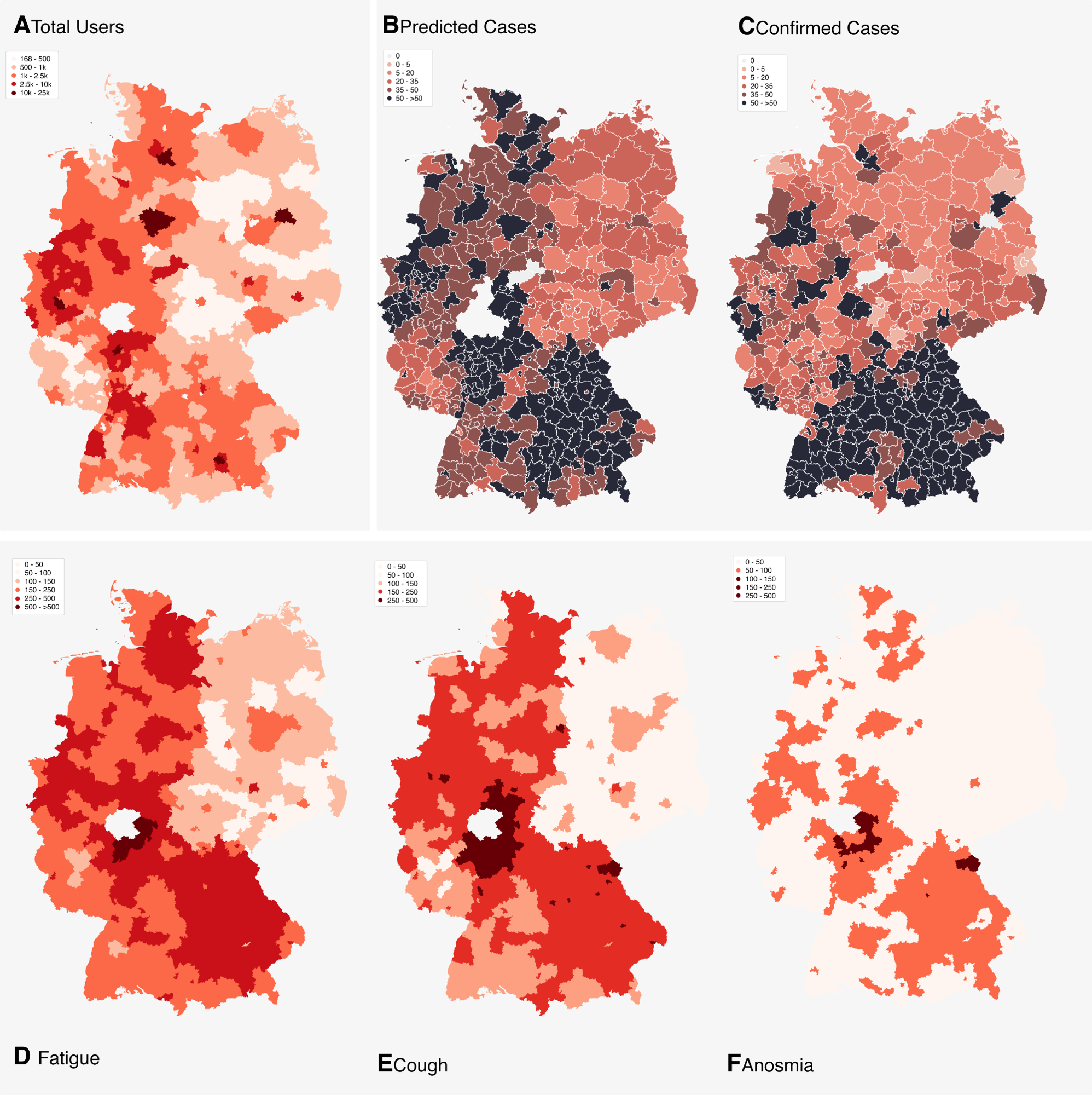 Maps illustrating the total number of users of COVID-Online (A), the number of predicted infections (B), the number of confirmed infections (C), the frequency of fatigue (D), the frequency of anosmia (E) and the frequency of fever (F). Data of maps A–F is based on the time period 03.04–10.04.2020. A, B, D, E, F: The district “Marburg-Biedenkopf” has been excluded from these charts as it contained too many records from internal tests carried out by associated personnel of COVID-Online and was also influenced by regional media reports. Unfortunately, due to the great time pressure in times of crisis, no test or staging instance could be installed for such purposes.