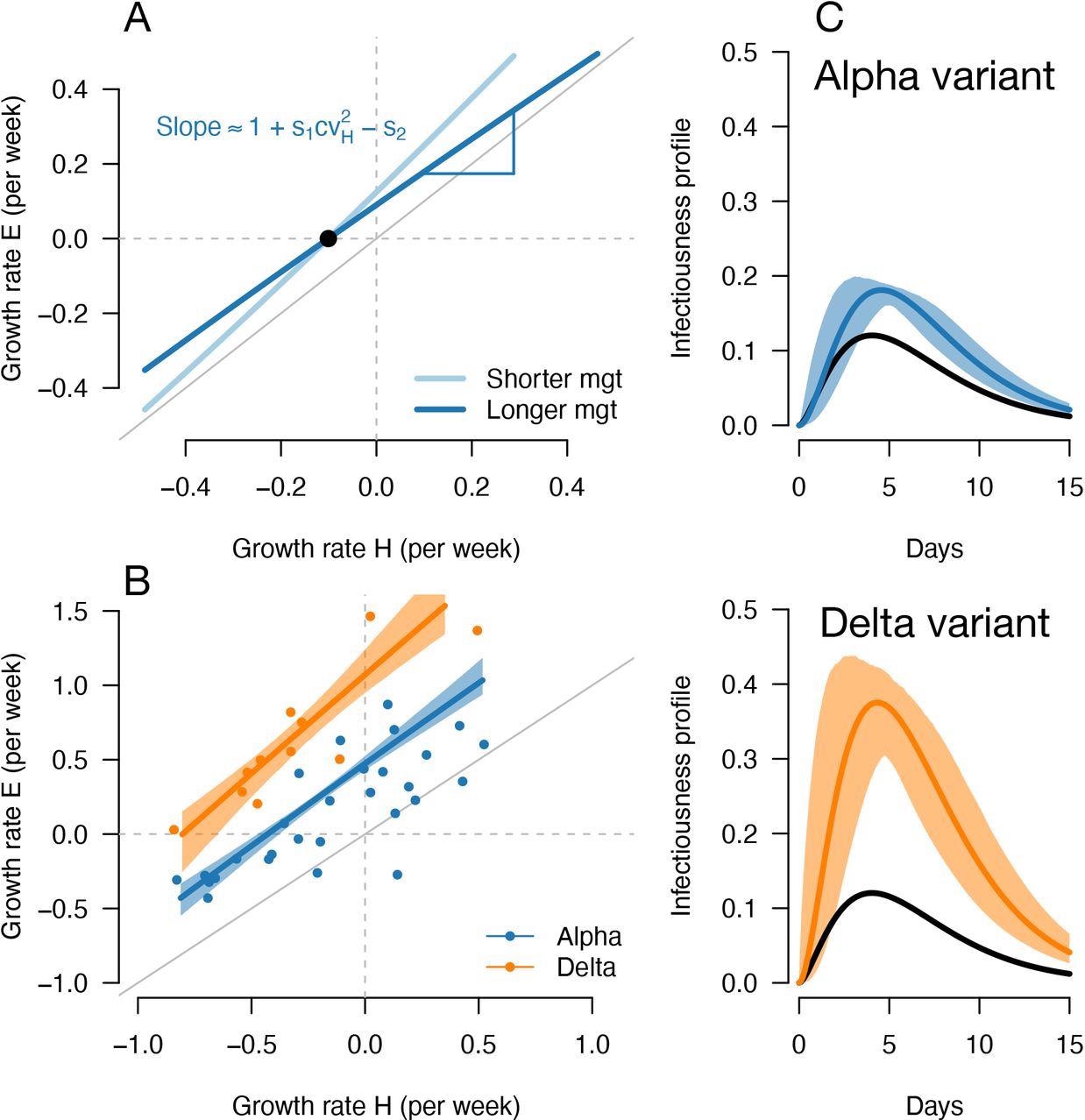 A, Geometric intuition for how the (rH, rE) relationship depends on the mean generation time for hypothetical variants with transmissibility advantage