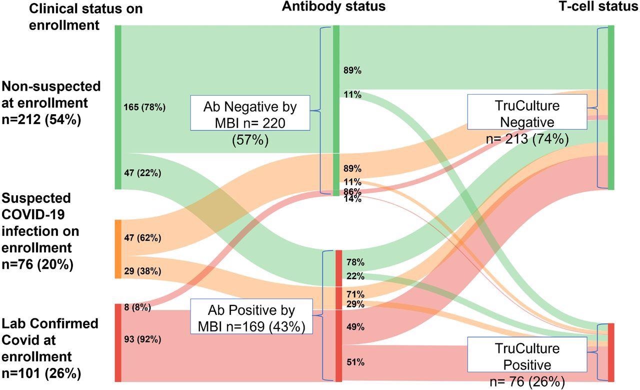 COVID-19 history at enrollment (left panel) stratified by MBI serostatus (middle) and TruCulture (right) Legend: Sankey diagram illustrates proportions of patients with ‘laboratory-supported COVID at enrollment’, ‘suspected COVID at enrollment’ and ‘COVID not suspected at enrollment’ who tested positive by MBI (middle panel) and proportion of MBI-positive and MBI-negative patients who tested positive on Truculture (see Section 6). ‘Lab-supported COVID on enrollment’ is defined as ‘clinical symptoms consistent with COVID-19 (CDC clinical case definition) and laboratory confirmation of SARS-CoV-2 prior to enrollment’. ‘Suspected COVID on enrollment’ is defined as ‘clinical symptoms consistent with COVID-19 (CDC clinical case definition) but no laboratory confirmation of SARS-CoV-2 before enrollment’. ‘Not suspected on enrollment’ is defined as not meeting CDC clinical case definition. ‘MBI seropositive’ is defined as ‘≥2/3 independent antibody assays >3SD over the mean pre-pandemic levels. ‘TruCulture positive’ was defined as both IFNγ and IL-2 assays were at the level of ≥1 pg/ml.