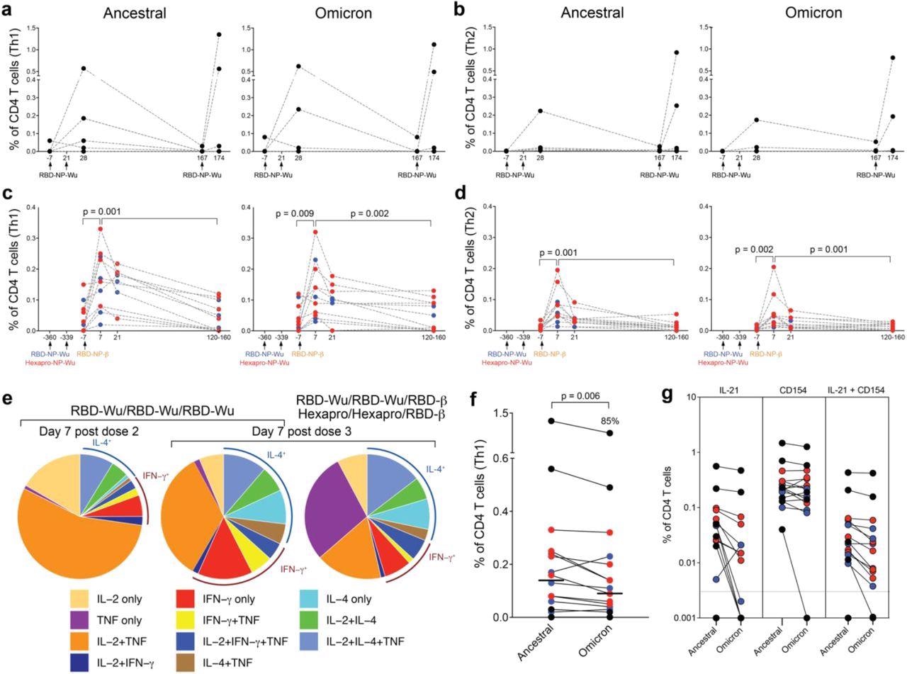 T cell responses induced by AS03-adjuvanted RBD-nanoparticle vaccination. a - b, Frequency of Spike-specific CD4 T cell responses against ancestral (left panel) and Omicron (right panel) strains in the RBD-Wu/RBD-Wu/RBD-Wu group. c – d, Frequency of Spike-specific CD4 T cell responses against ancestral (left panel) and Omicron (right panel) strains in the RBD-Wu/RBD-Wu/RBD-β (blue) and HexaPro/HexaPro/RBD-β (red) groups. CD4 T cells secreting IL-2, IFN-γ, or TNF are plotted as Th1-type responses (a, c) and IL-4-producing CD4 T cells are shown as Th2-type responses (b, d) The statistical differences between time points were determined using Wilcoxon matched-pairs signed rank test. e, Pie charts representing the proportions of RBD-specific CD4 T cells expressing one, two, or three cytokines as shown in the legend. f, Comparison of CD4 T cell frequencies between ancestral and Omicron viral strains measured on day 7 post final booster immunization. The statistical difference was determined using Wilcoxon matched-pairs signed rank test. The % value on top of Omicron represents the proportion of Omicron-specific responses relative to responses against the ancestral strain. g, Spike-specific IL-21+, CD154+, and CD154+IL-21+ CD4 T cell responses measured in blood on day 7 post final booster immunization. In all plots, each circle represents an animal, In f and g, black, blue, and red colors indicate RBD-Wu/RBD-Wu/RBD-Wu, RBD-Wu/RBD-Wu/RBD-β and HexaPro/HexaPro/RBD-β groups, respectively.