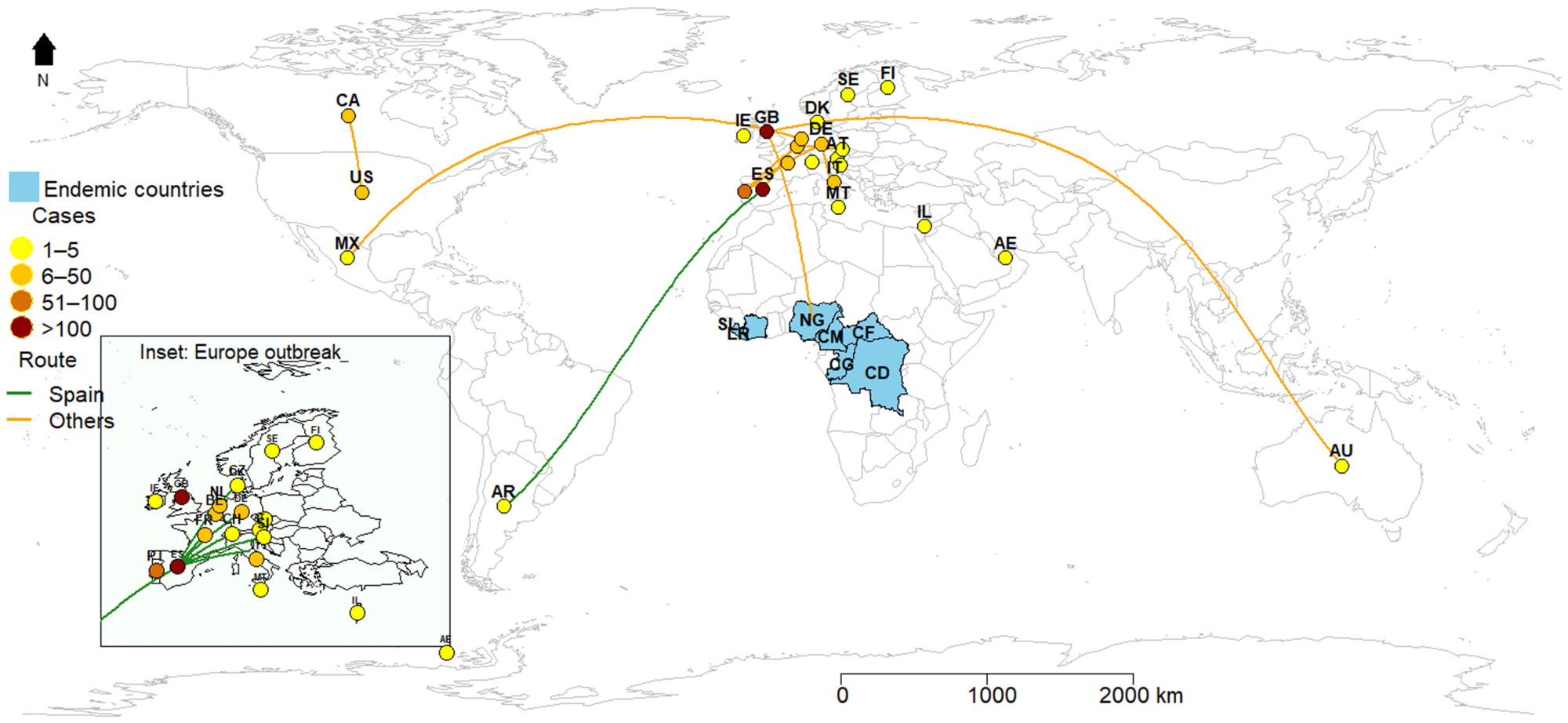 Geographical distribution of the ongoing monkeypox virus (MPXV) outbreaks. MPXV endemic countries have had sporadic epidemics since 2017. Nigeria (15), Cameroon (3), Central African Republic (8), Democratic Republic of Congo (1238), Sierra Leone (0). Note: Non-endemic countries: Argentine (AR), Australia (AU), Austria (AT), Belgium (BE), Canada (CA), Czech Republic (CZ), Denmark (DK), Finland (FI), France (FR), Germany (DE), Ireland (IE), Israel (IL), Italy (IT), Malta (MT), Mexico (MX), The Netherlands (NL), Portugal (PT), Slovenia (SI), Spain (ES), Sweden (SE), Switzerland (CH), United Arab Emirates (AE), UK (GB), USA (US). Endemic countries: Cameroon (CM), Central African Republic (CF), Democratic Republic of the Congo (CD), Liberia (LR), Nigeria (NG), the Republic of the Congo (CG) and Sierra Leone (SL).