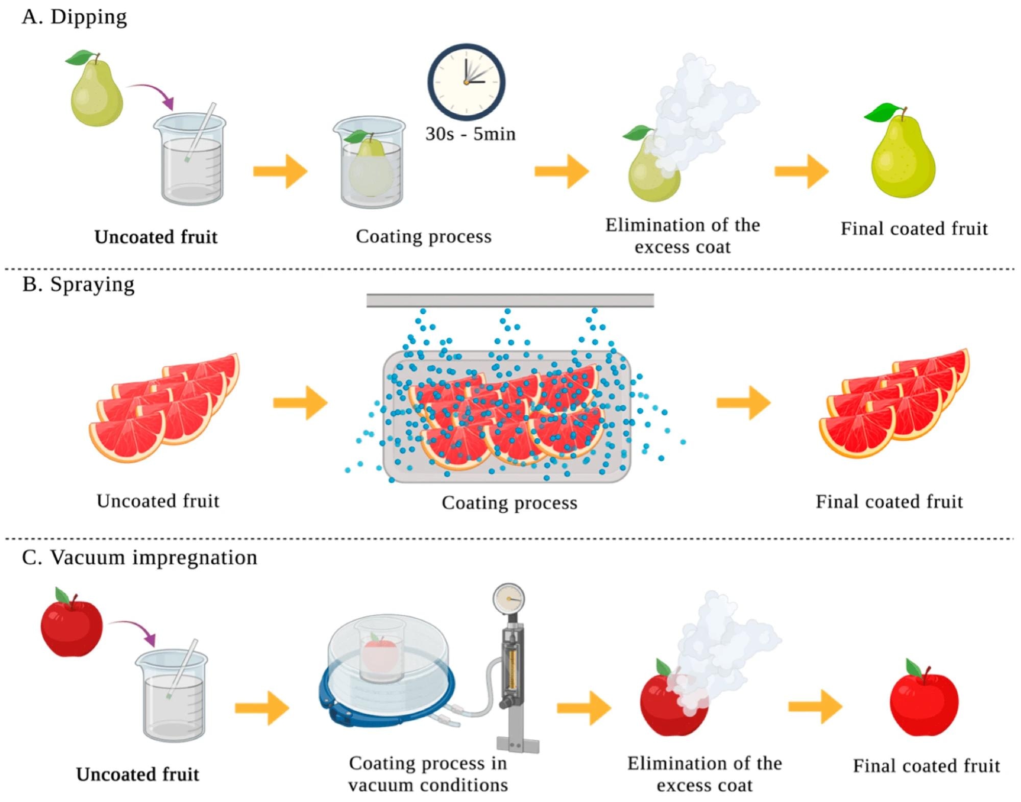 Schematic representation of the processes used for the coating application on fruits and vegetables. (A): dipping; (B): spraying; (C): vacuum impregnation.