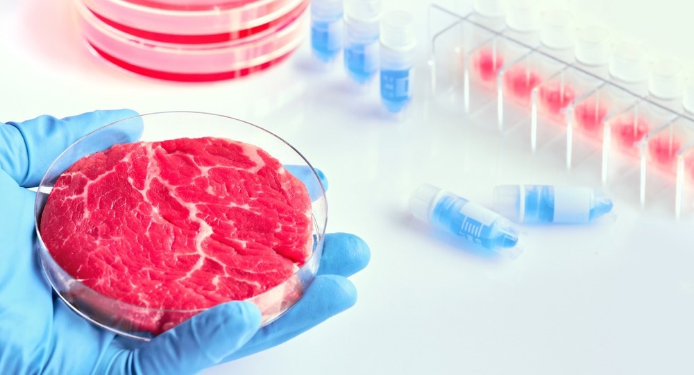 An image of a gloved hand holding a meat sample in a plastic cell culture dish.