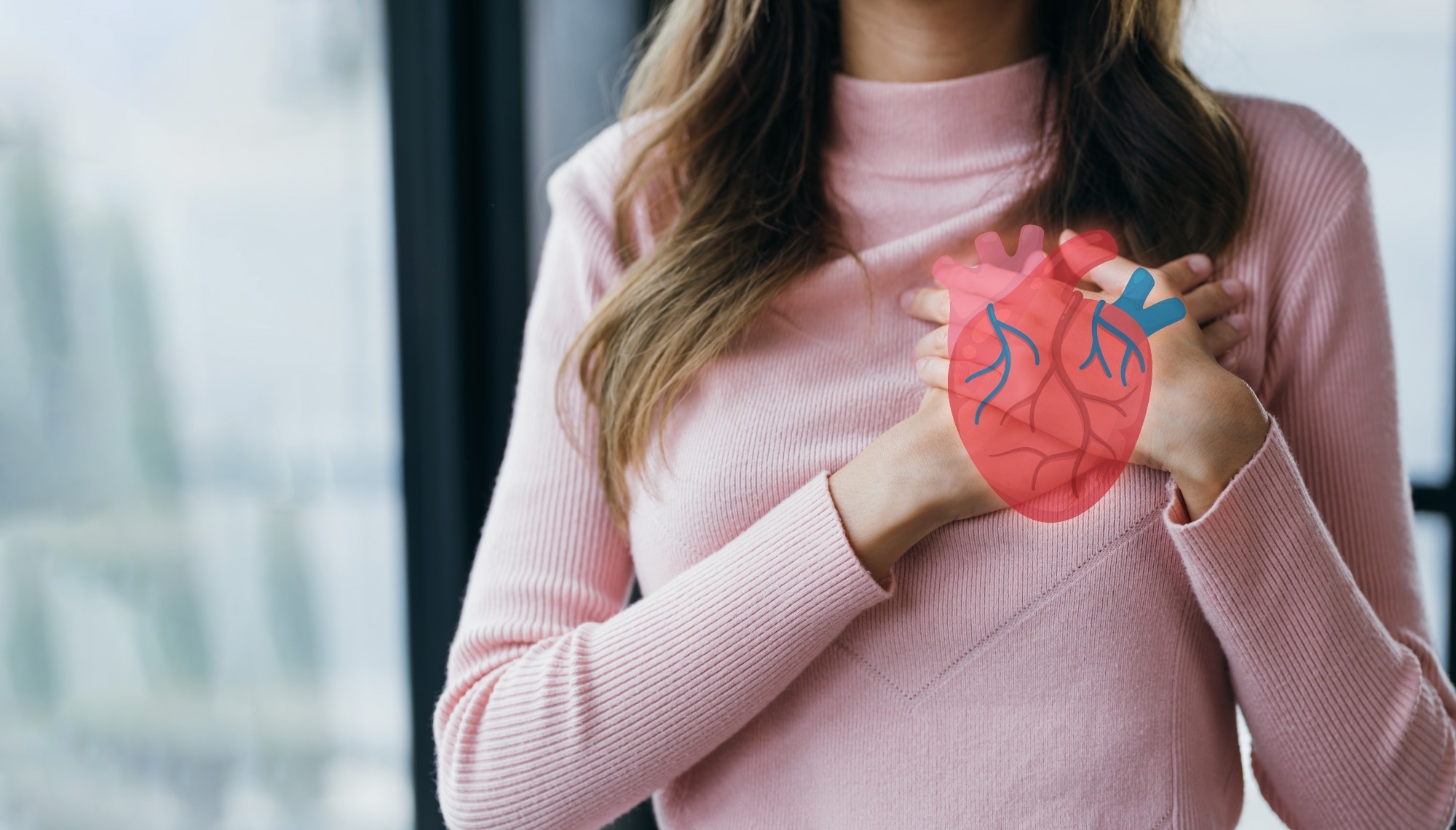 Woman having clutching chest with heart anatomy.