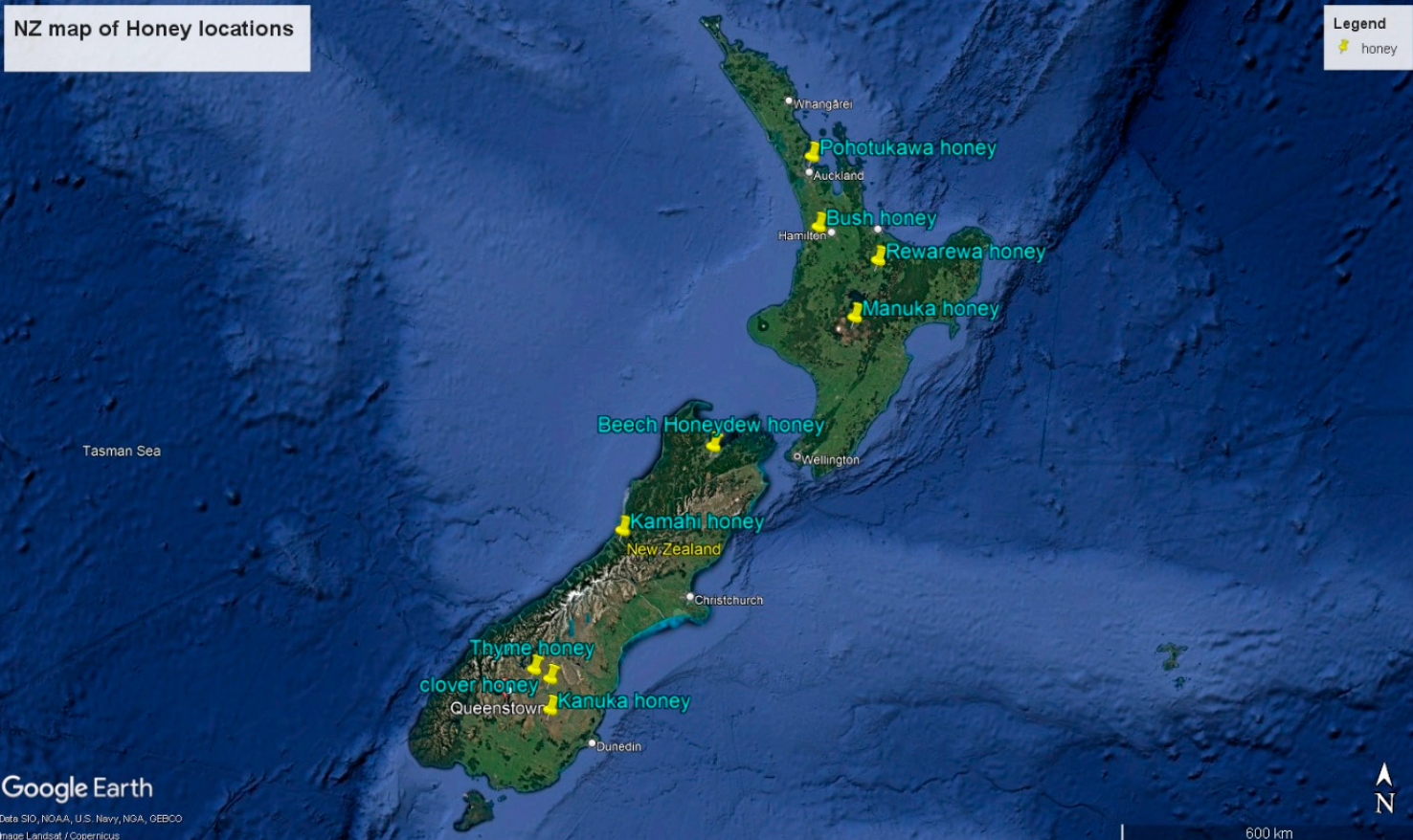 Map of New Zealand indicating the locations of honey sample collection. Source: Google Earth Pro accessed October 2024.