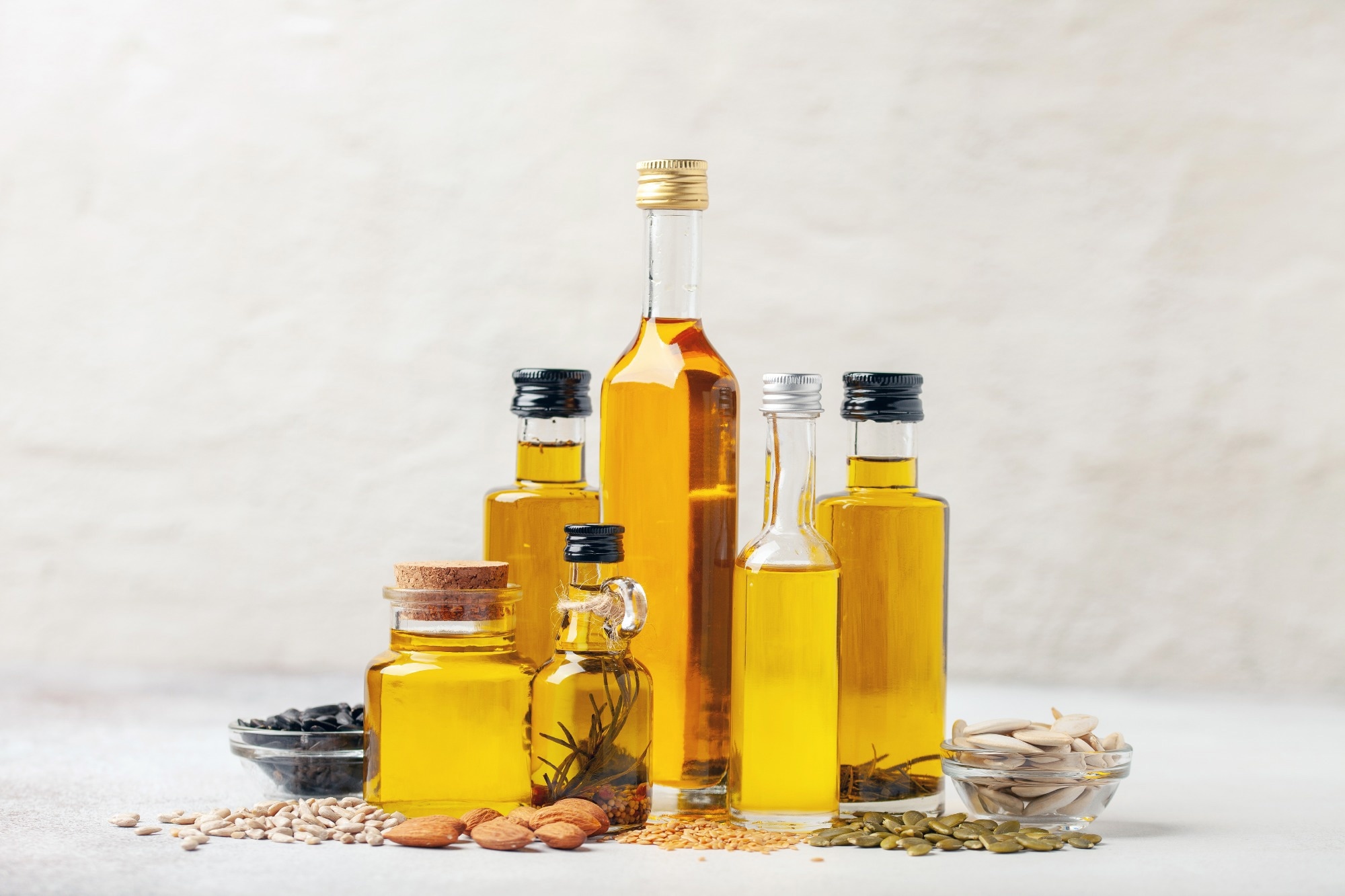 Various vegetable and nut oil in bottles