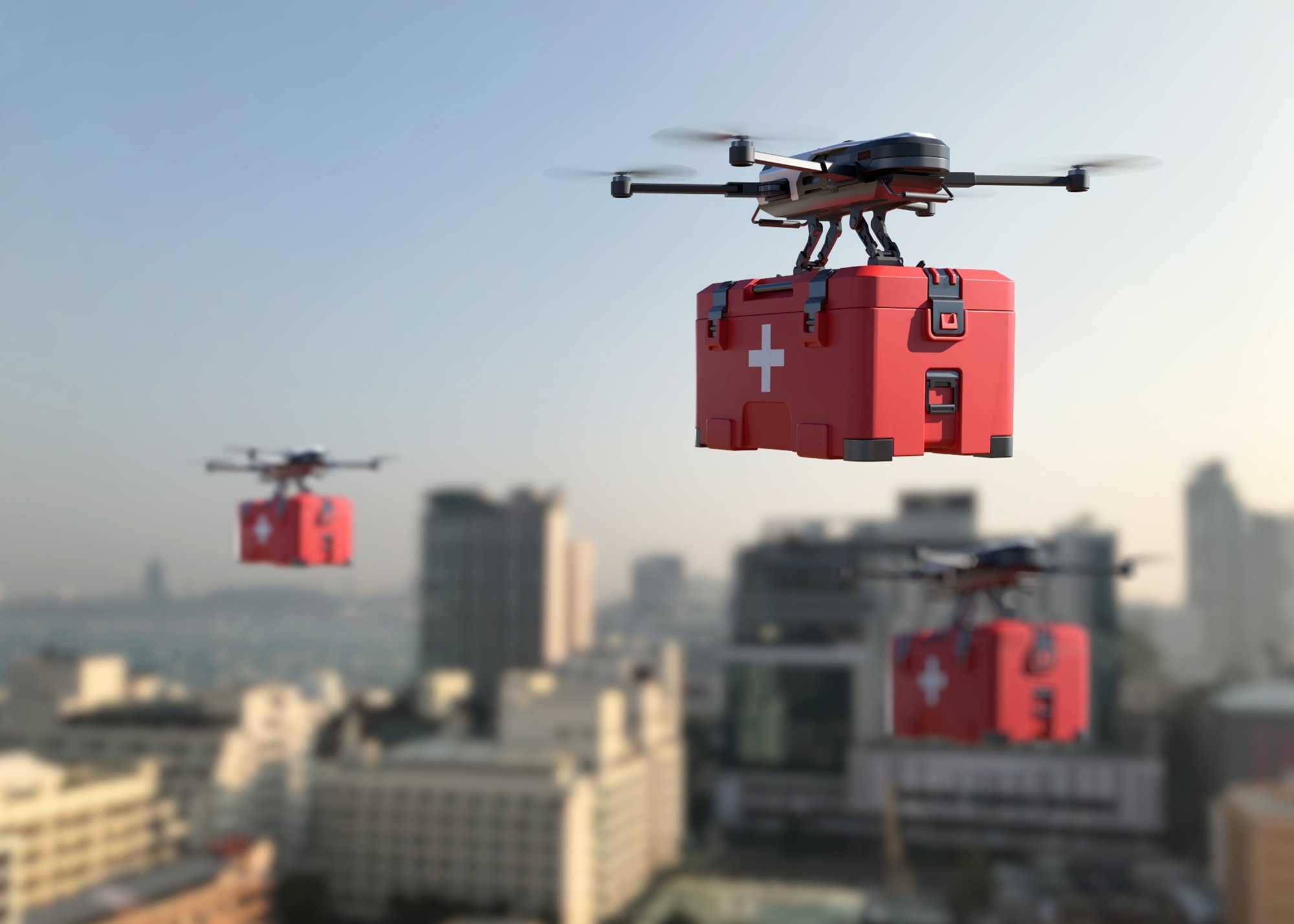 Drone with first aid kit flying over the town. 3D illustration