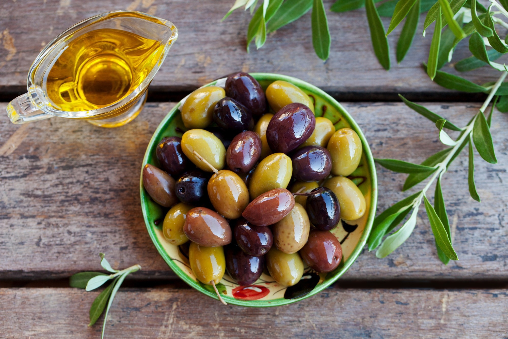Assortment of olives in a bowl next to jug of olive oil and olive branch